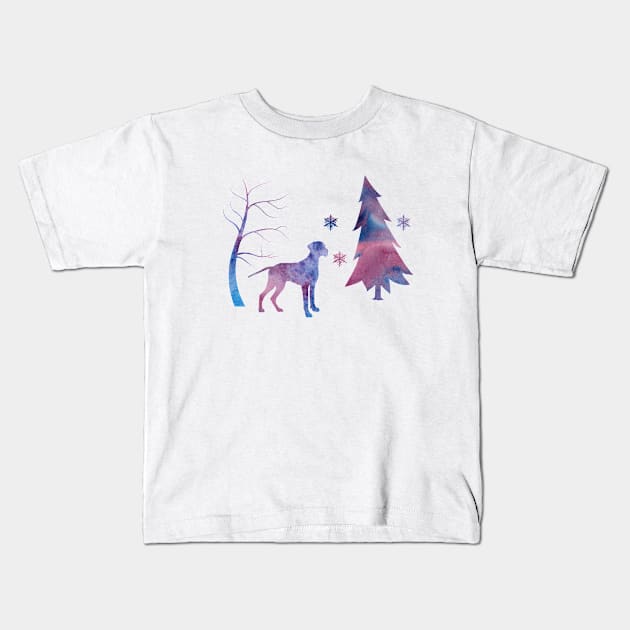 Brittany Dog Winter Art with Snowflakes Kids T-Shirt by BittenByErmines